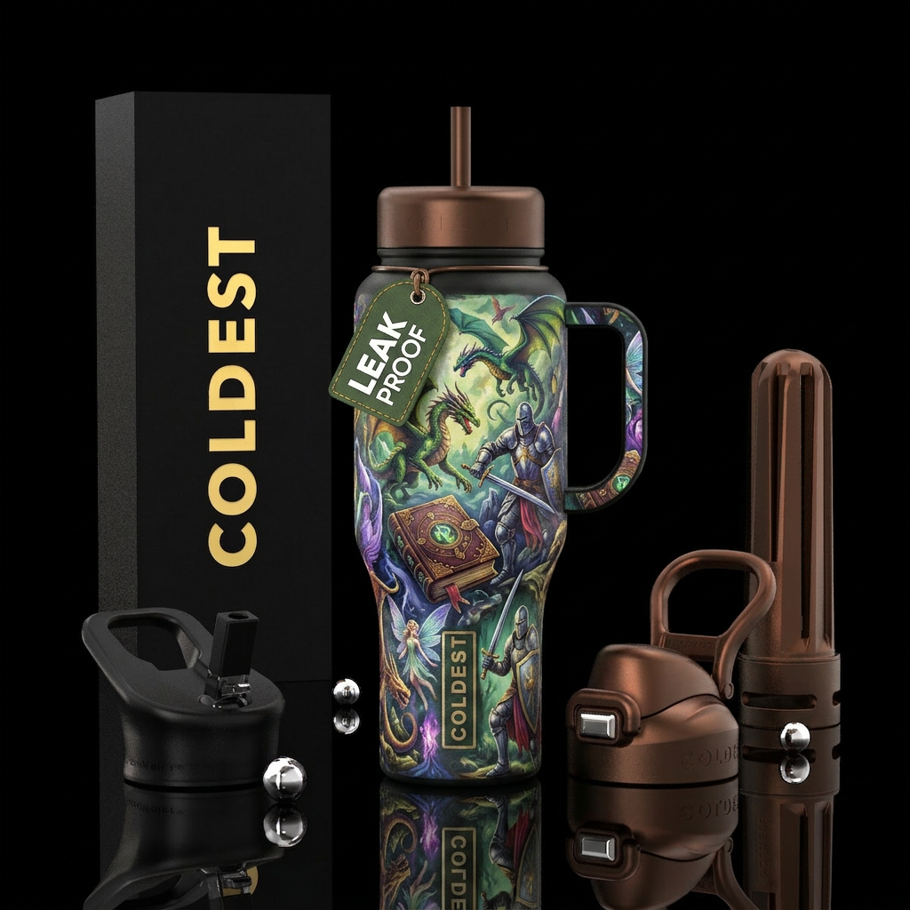 Dragons, knights, books, fantasy, fairy water bottle design