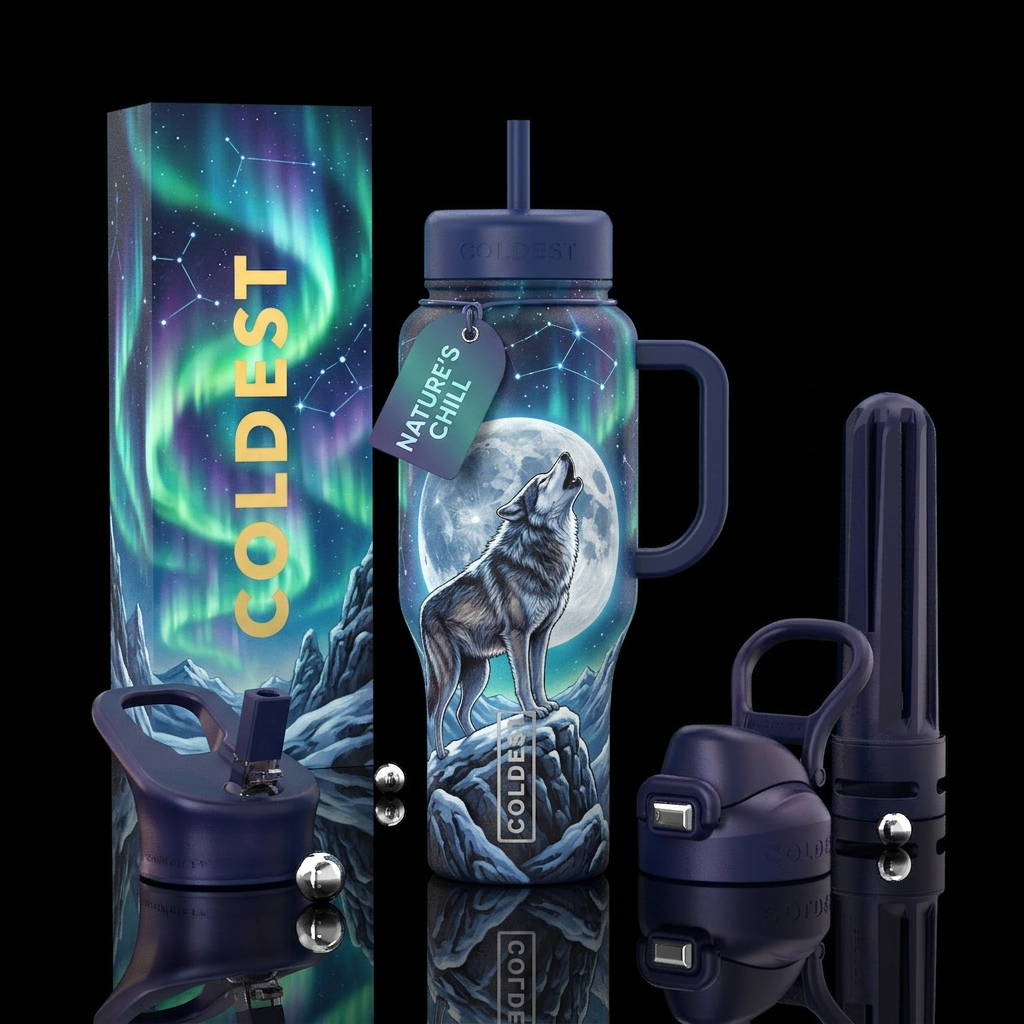Wolves, full moon, aurora borealis water bottle design