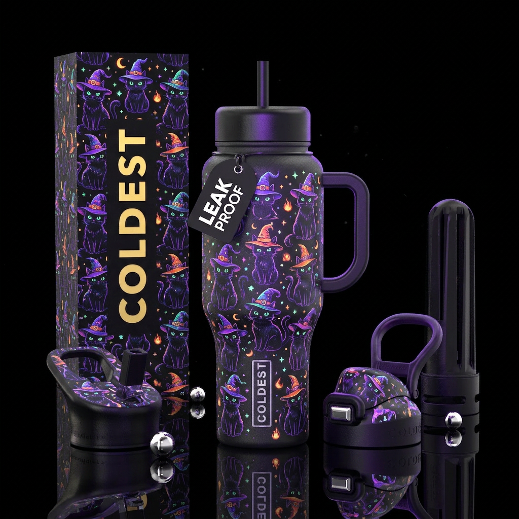 Black cats wearing witches hats, glowie, halloween water bottle design