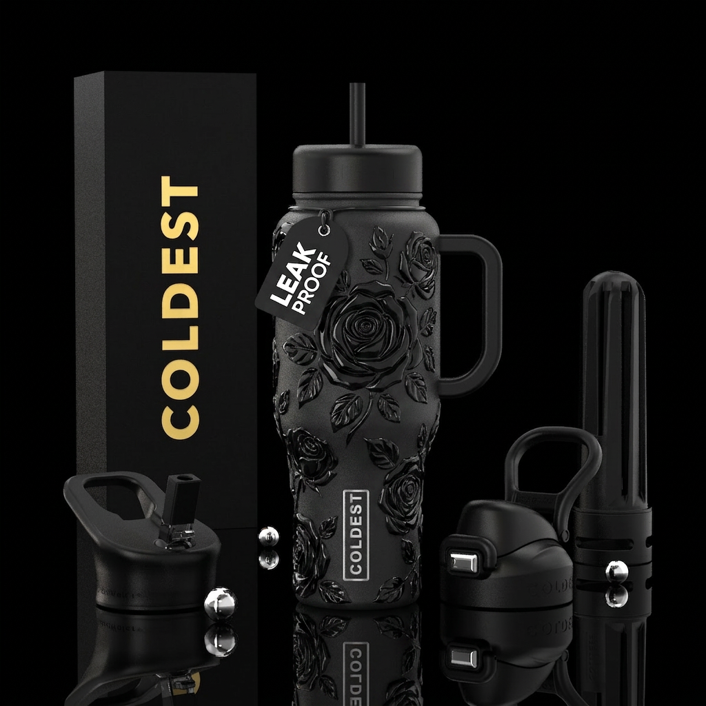 Black bottle, black glossy roses water bottle design