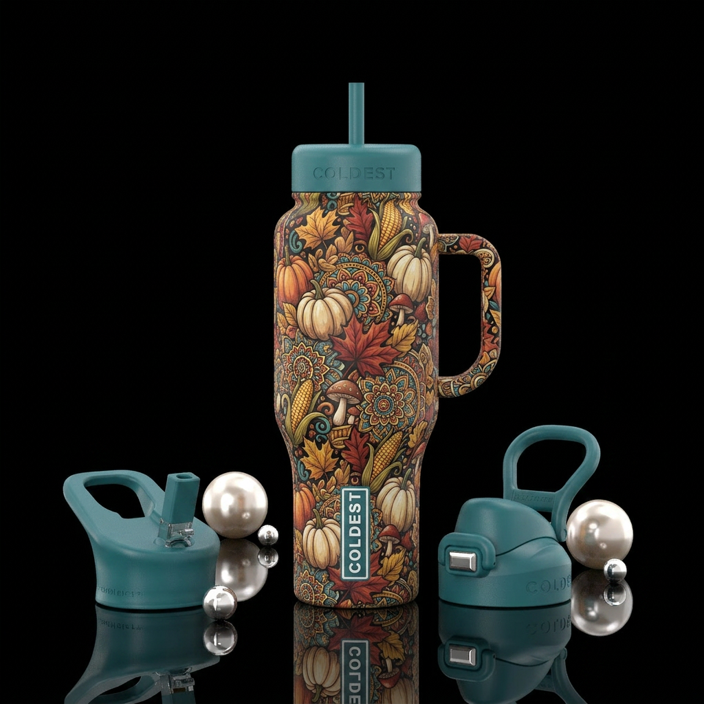 Boho thanksgiving, pumpkins, autumn leaves water bottle design