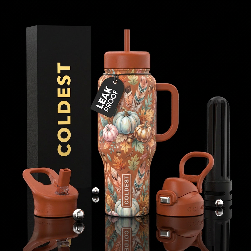 Boho thanksgiving, pumpkins, autumn leaves water bottle design