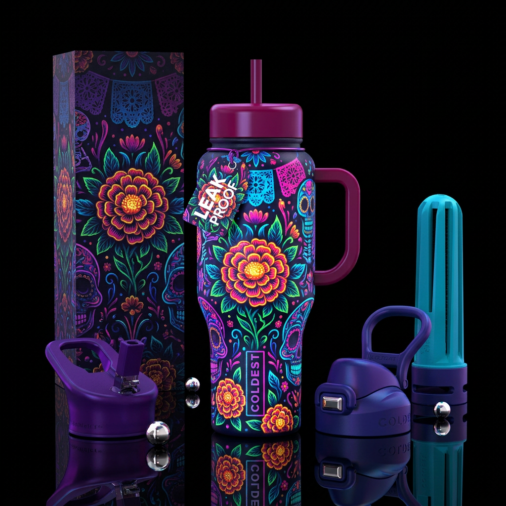Marigolds, day of the dead, neon colors, glowie water bottle design
