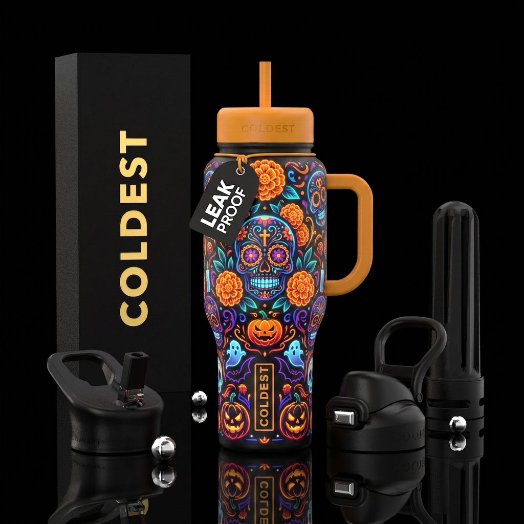 Marigolds, day of the dead, neon colors, glowie, h... water bottle design