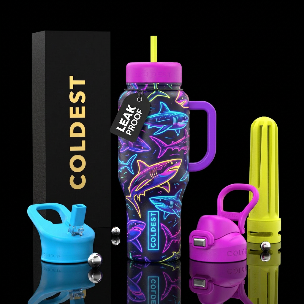 Neon sharks water bottle design