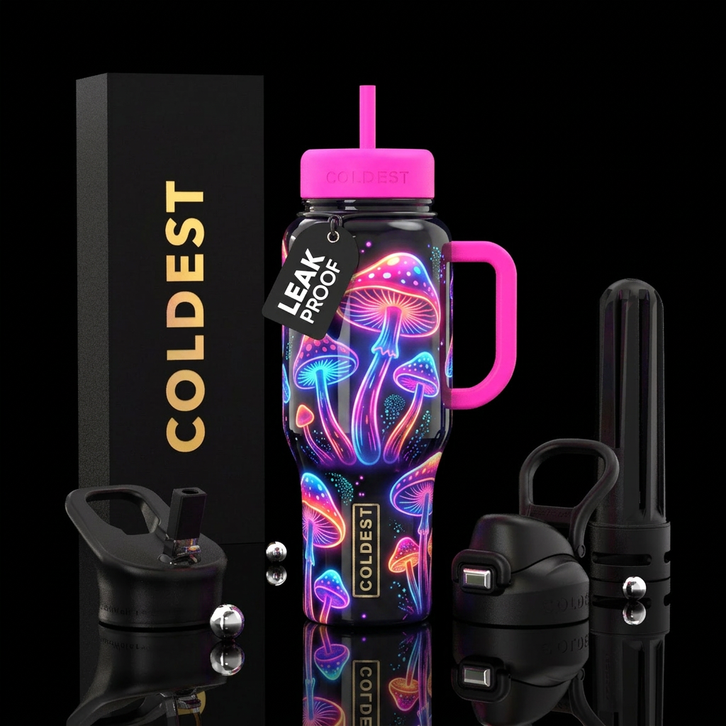 Neon musbrooms water bottle design