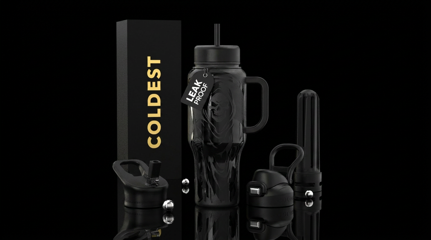 Black bottle, block glossy reaper water bottle design