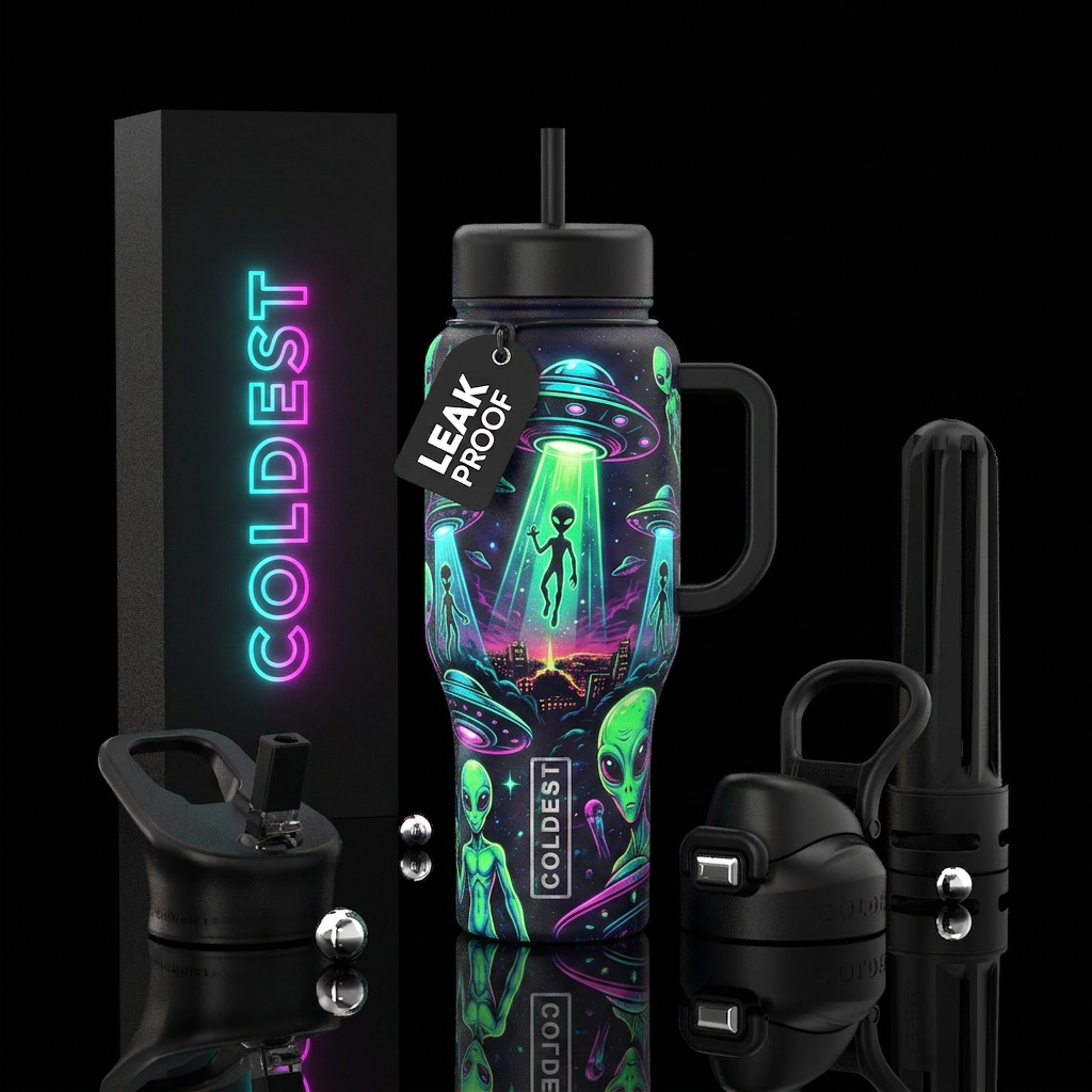 Aliens, abduction,  neon colors water bottle design