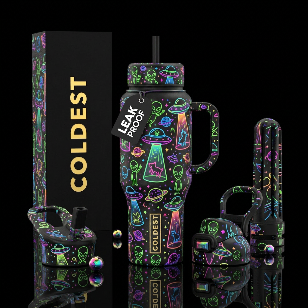 Aliens, abduction,  neon colors, cutesy water bottle design