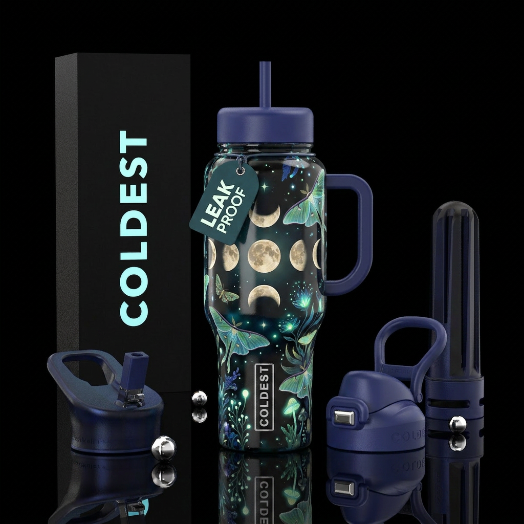 Moons, luna moths, glowie, nighttime, calm water bottle design