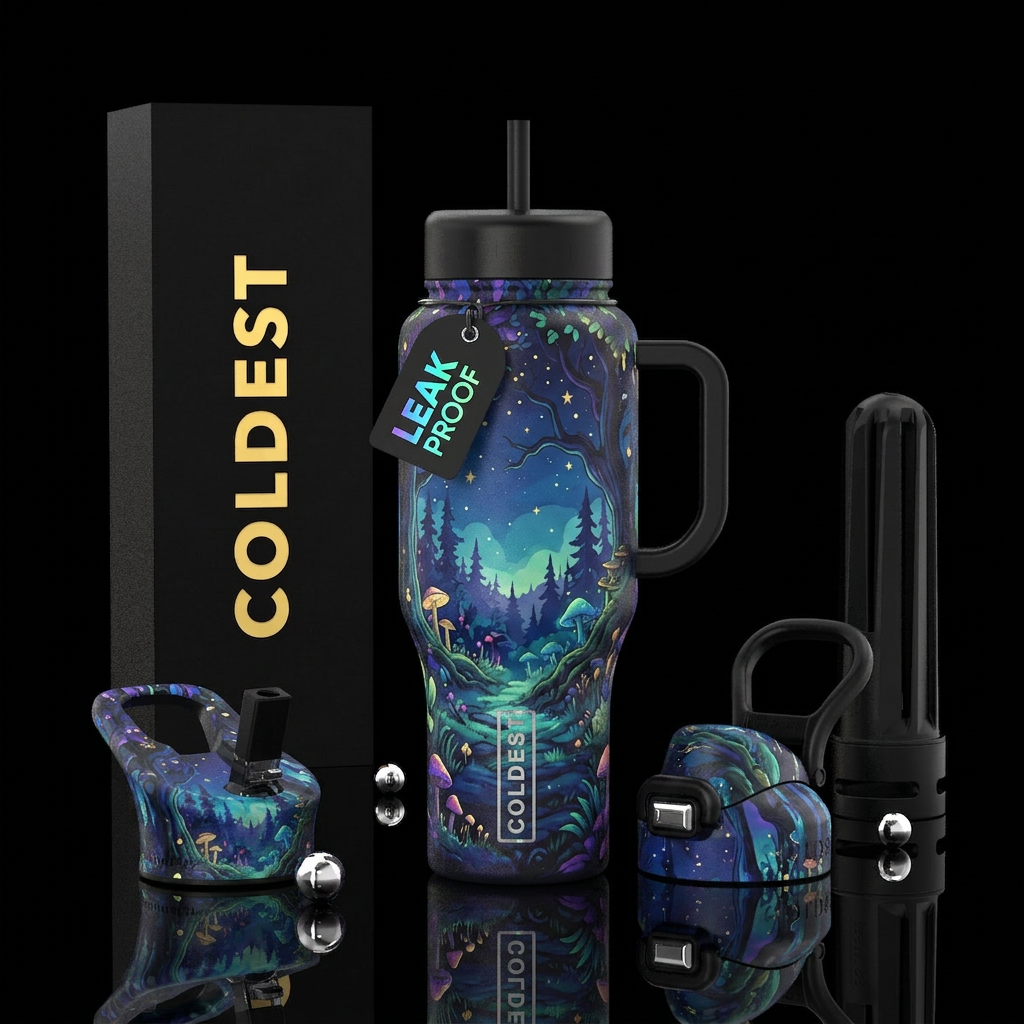 Forest, night time, peaceful, colorful water bottle design