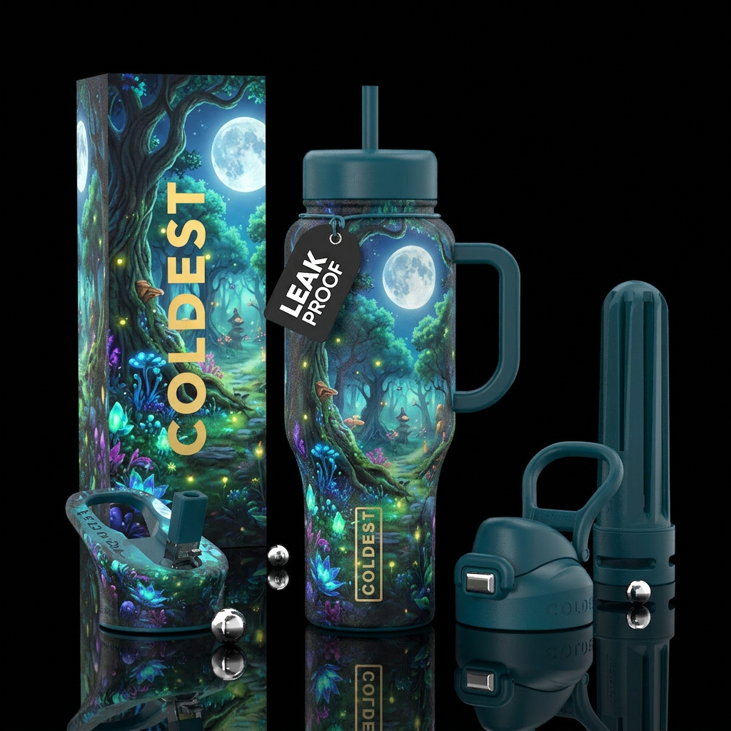 Magical forest, fantasy, full moon water bottle design