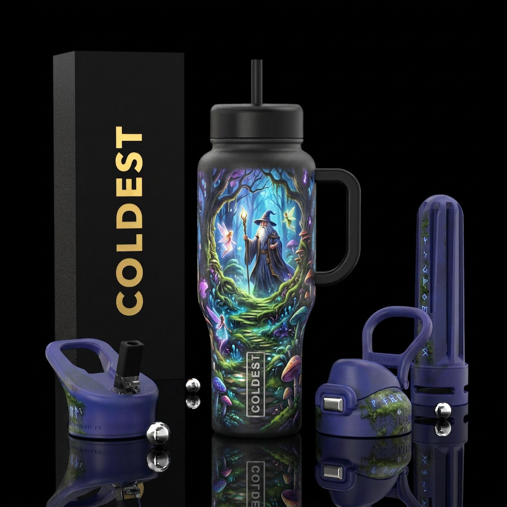 Magical forest, fantasy, wizard, fairies water bottle design