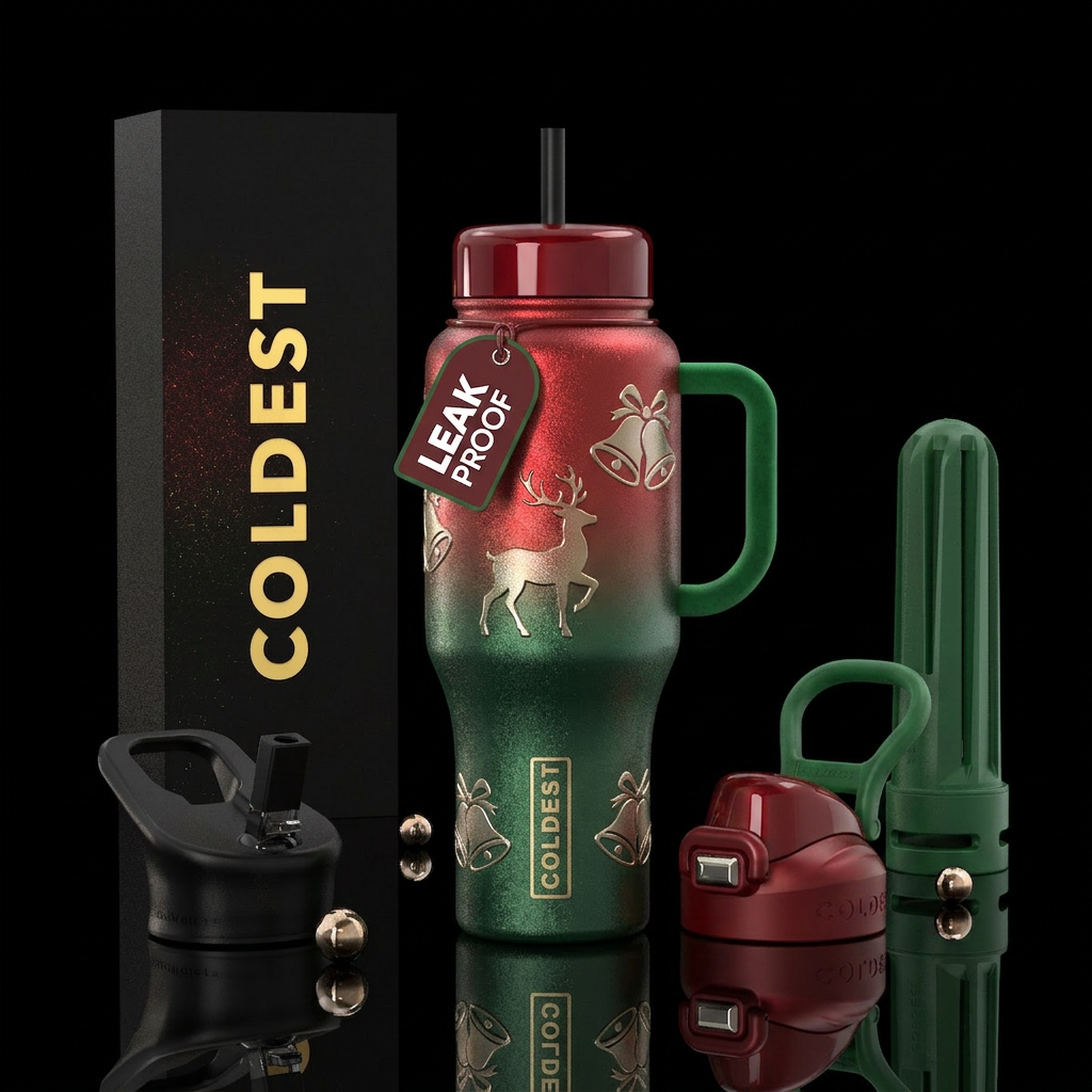 Christmas ombre,  shimmer, embossed reindeer silho... water bottle design
