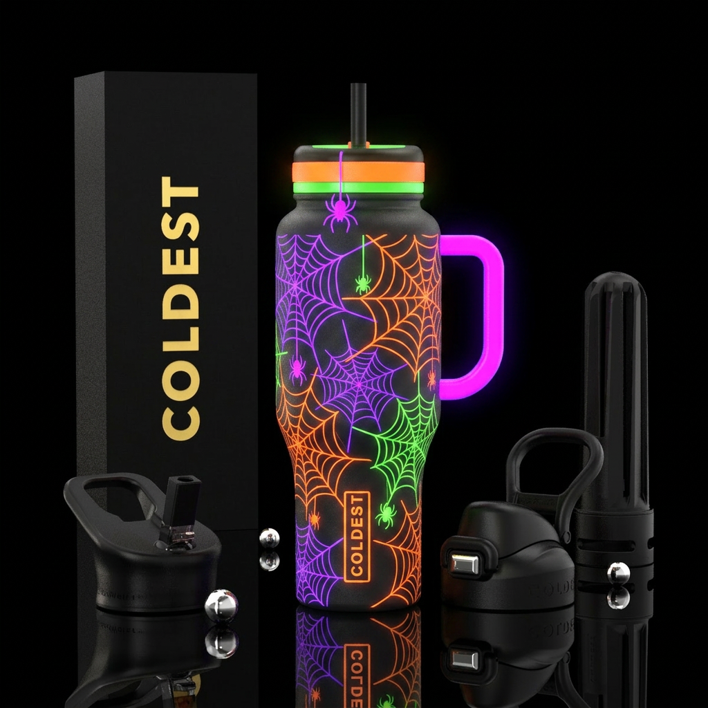 Neon halloween spider webs, glowie water bottle design