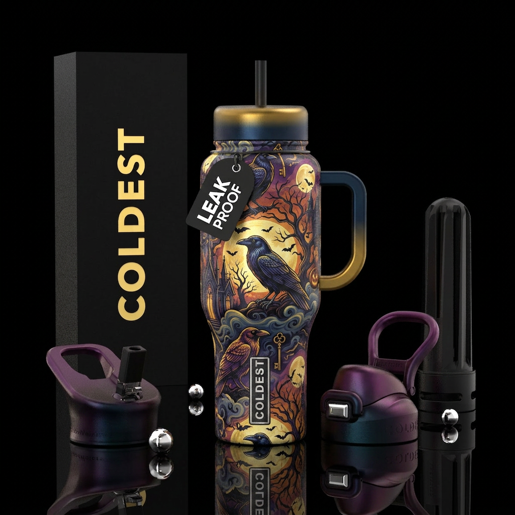 Ravens, halloween,  spooky water bottle design
