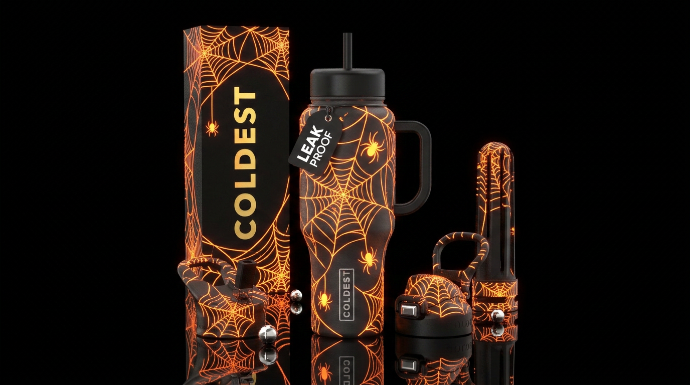Glowie spider webs, halloween, spiders water bottle design