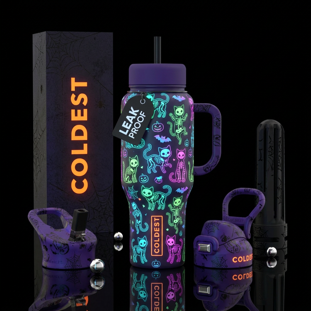 Skeleton cats, glowie, halloween water bottle design
