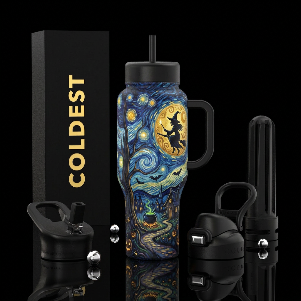 A starry night painting, halloween, witch water bottle design