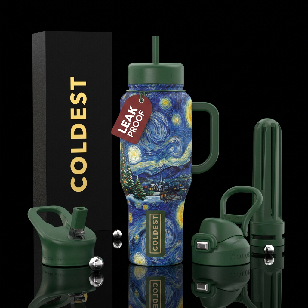 Starry night painting, Christmas water bottle design