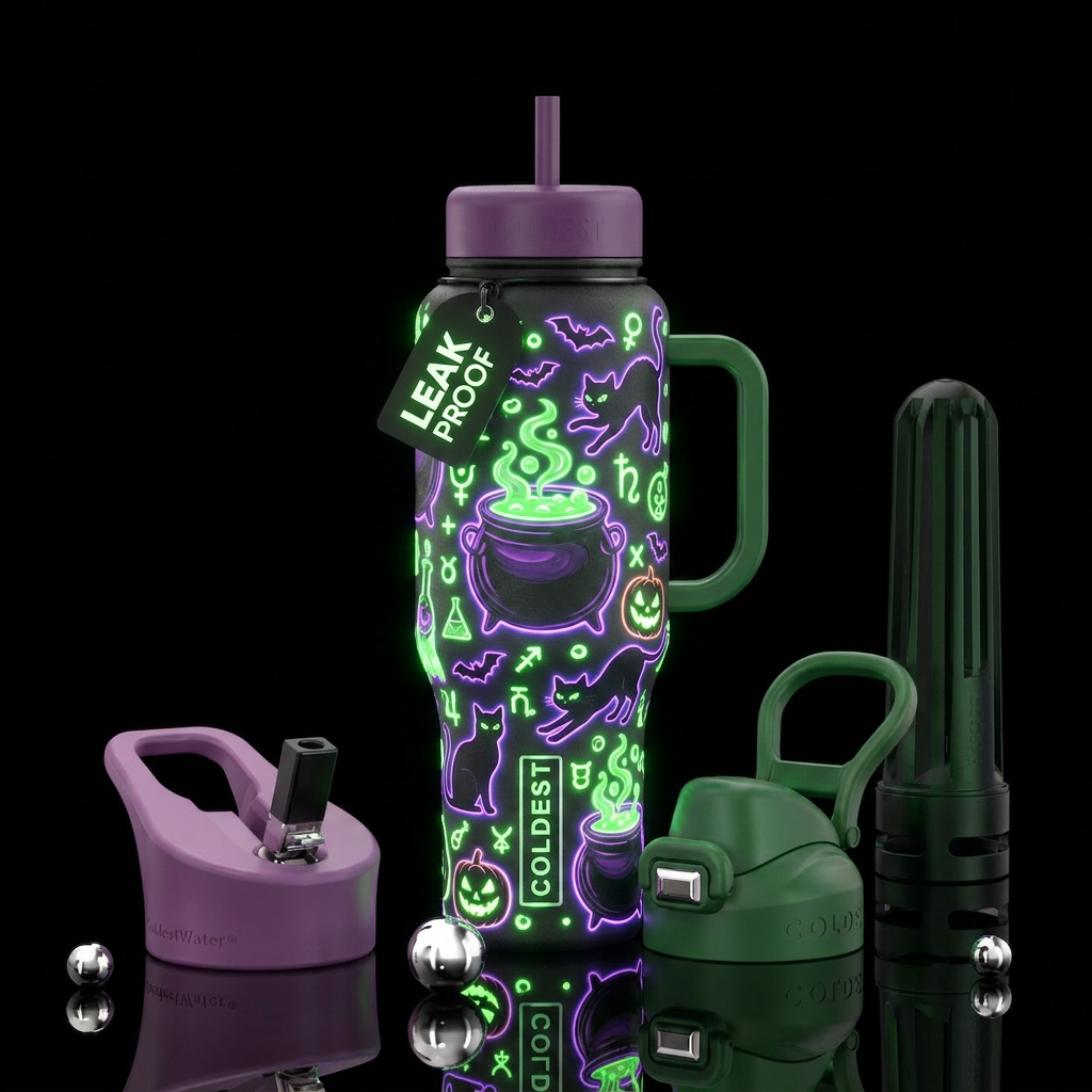 Witches brew, black cats, halloween, glowie water bottle design