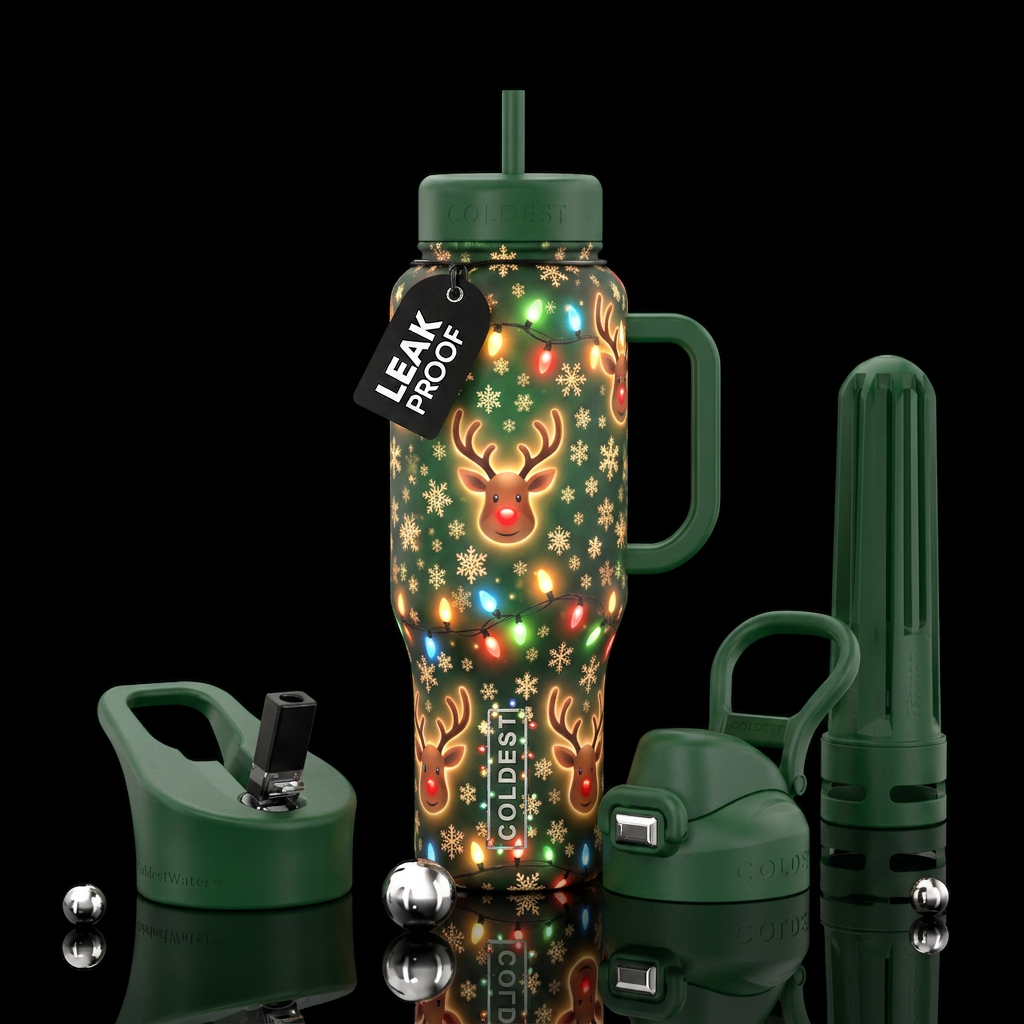 Snowflakes, Christmas lights, glowie, rudolph water bottle design