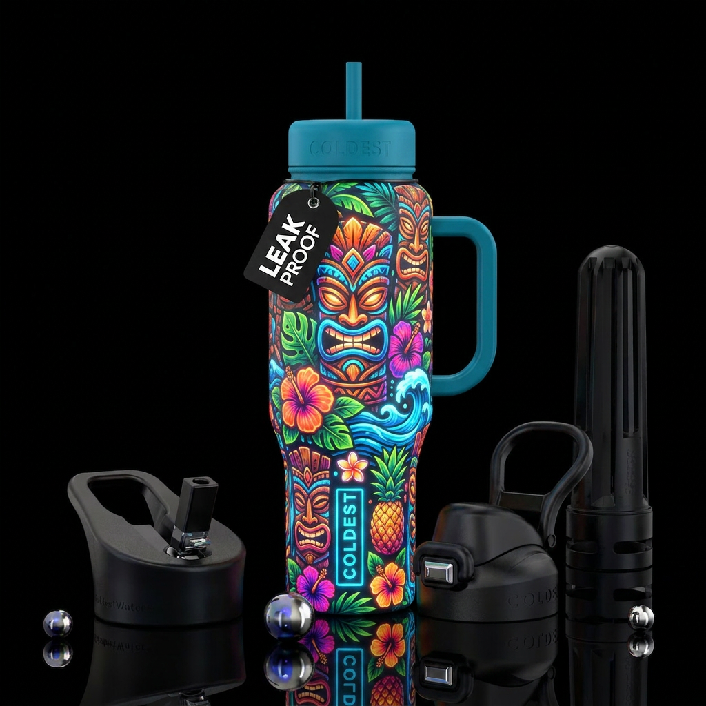 Summer, tikis, glowie water bottle design