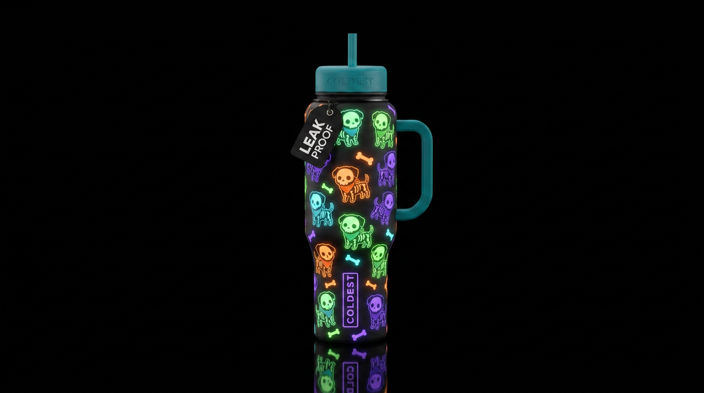 Halloween, glowie dog skeletons, cute water bottle design