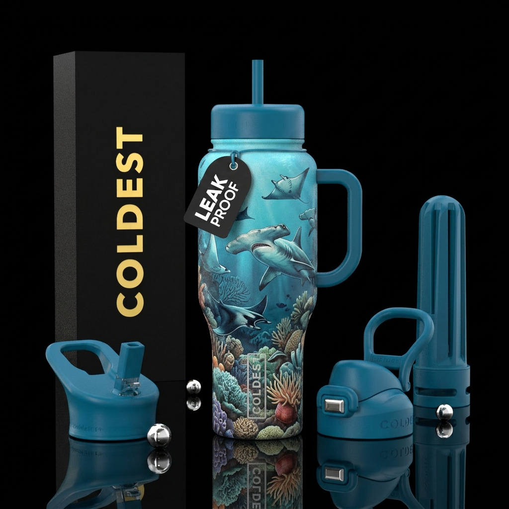 Hammerhead sharks with manta rays in a reef settin... water bottle design