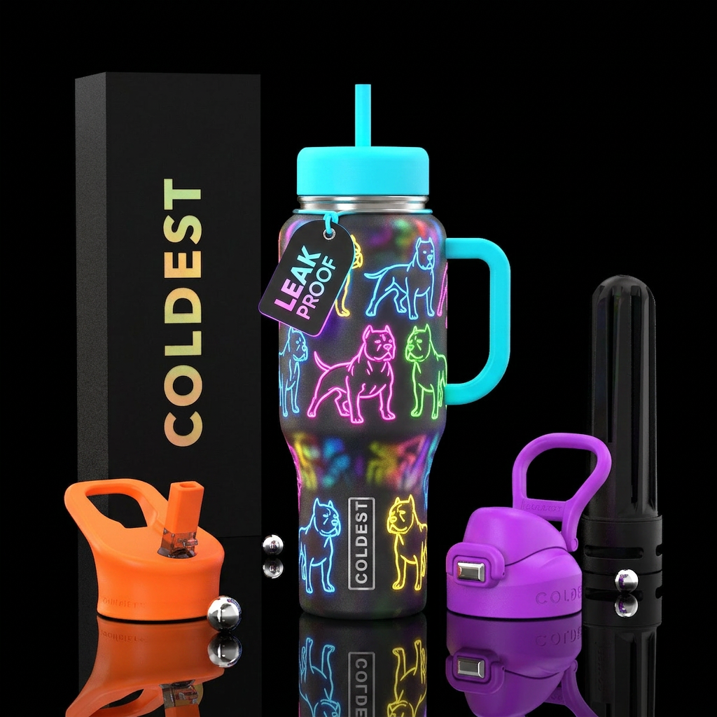 Retro 90’s neon signs in the shape of bully breed ... water bottle design