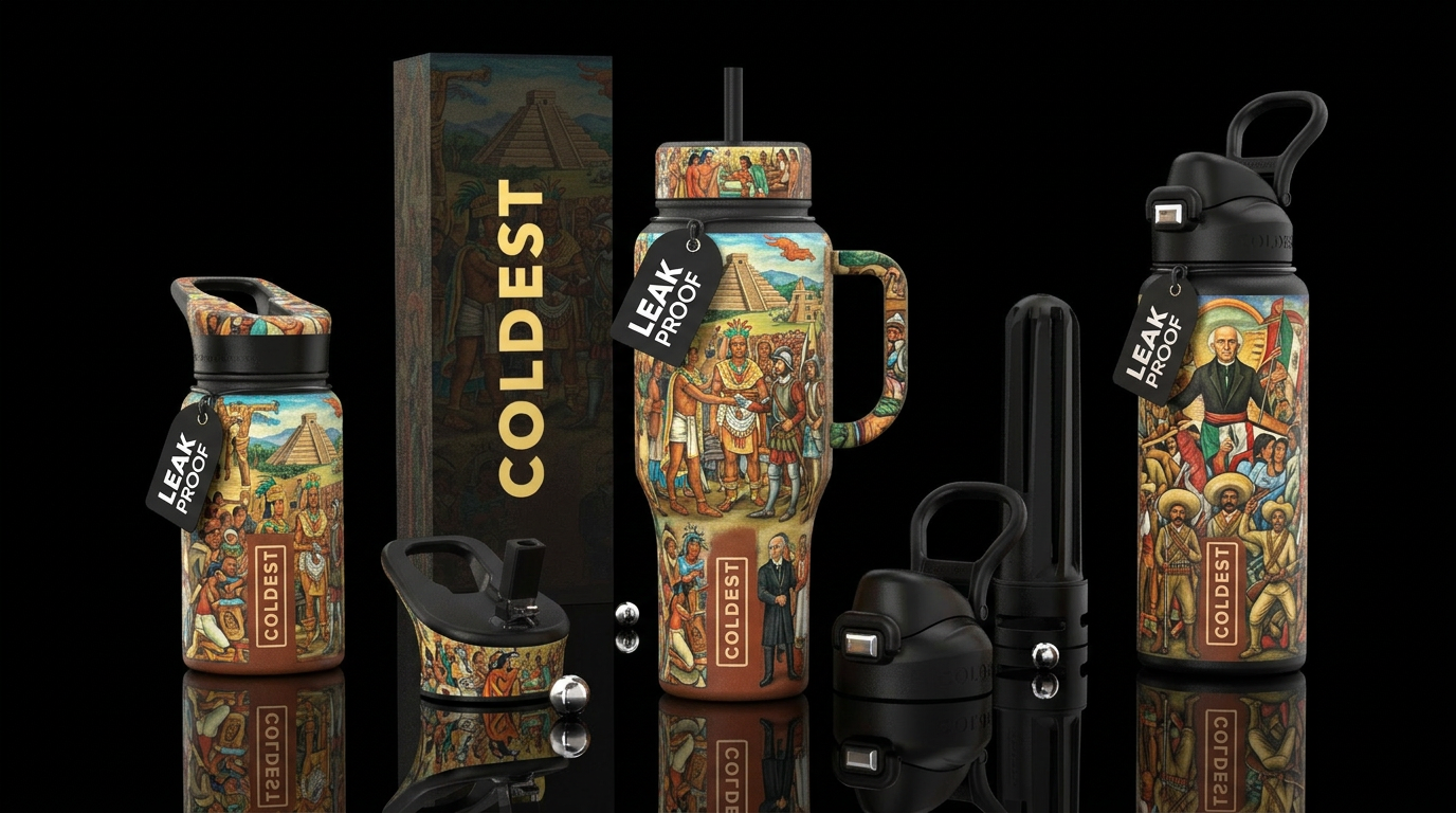 Mexican history water bottle design