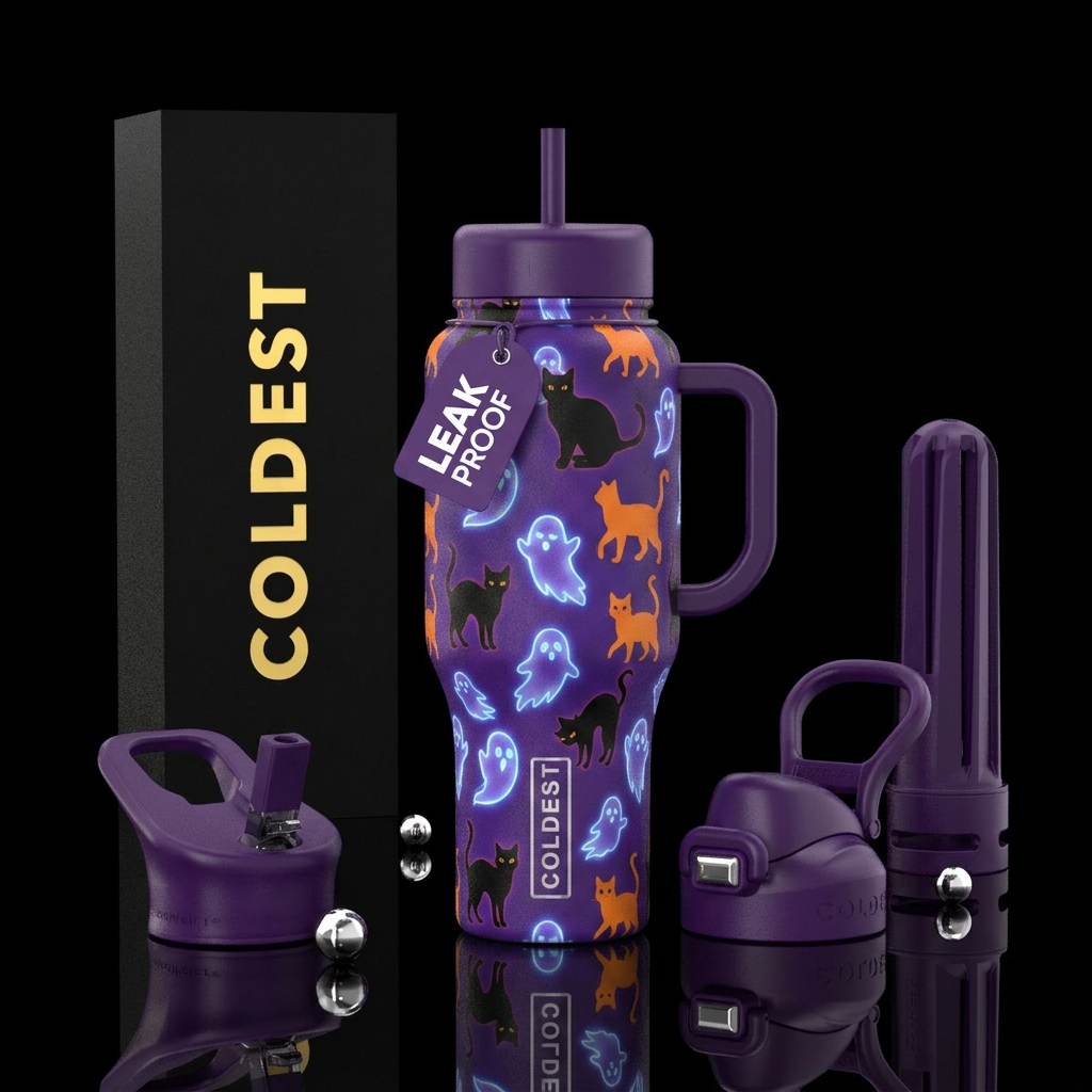 Black & orange cats on purple with glowing ghosts water bottle design