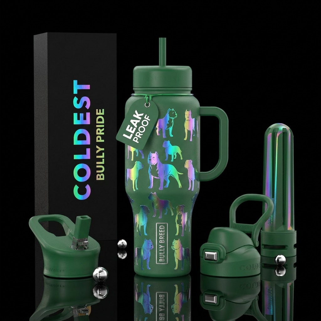 Iridescent Bully breed silhouettes on a green bott... water bottle design