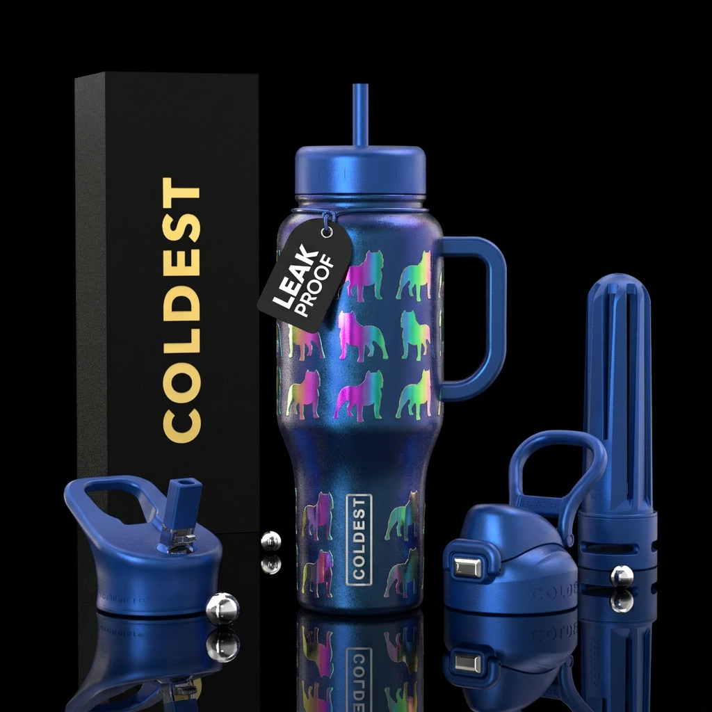 Iridescent Bully breed silhouettes on a blue bottl... water bottle design