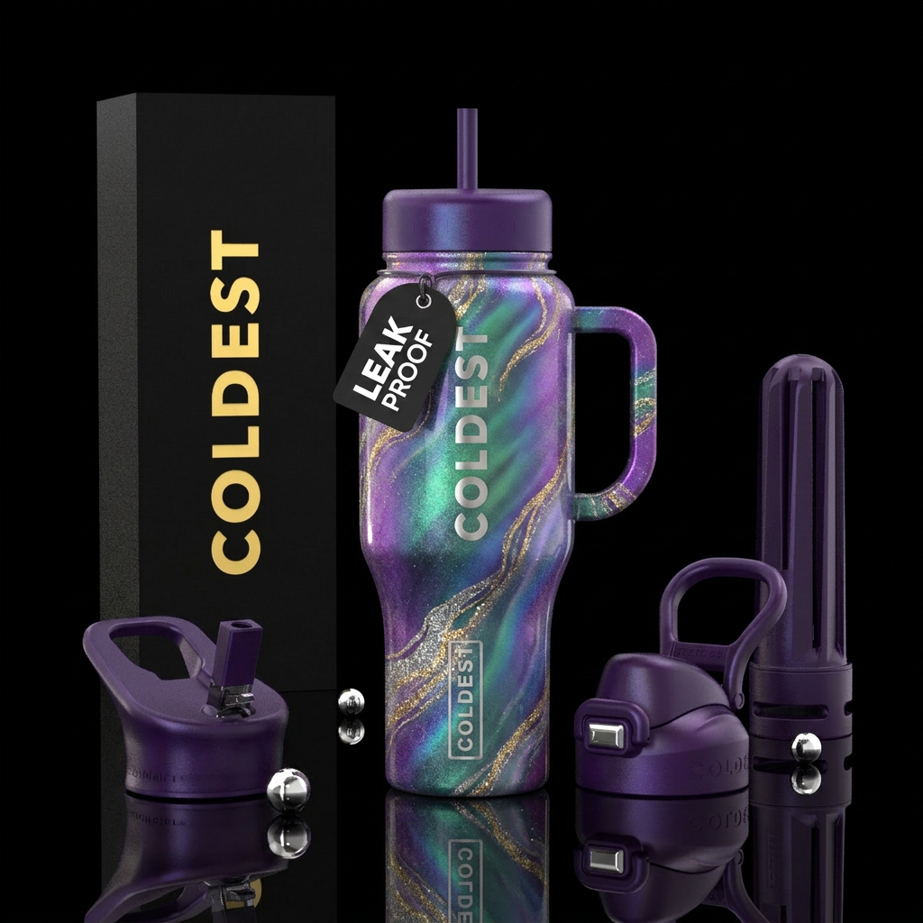 Purple marble glitter water bottle design