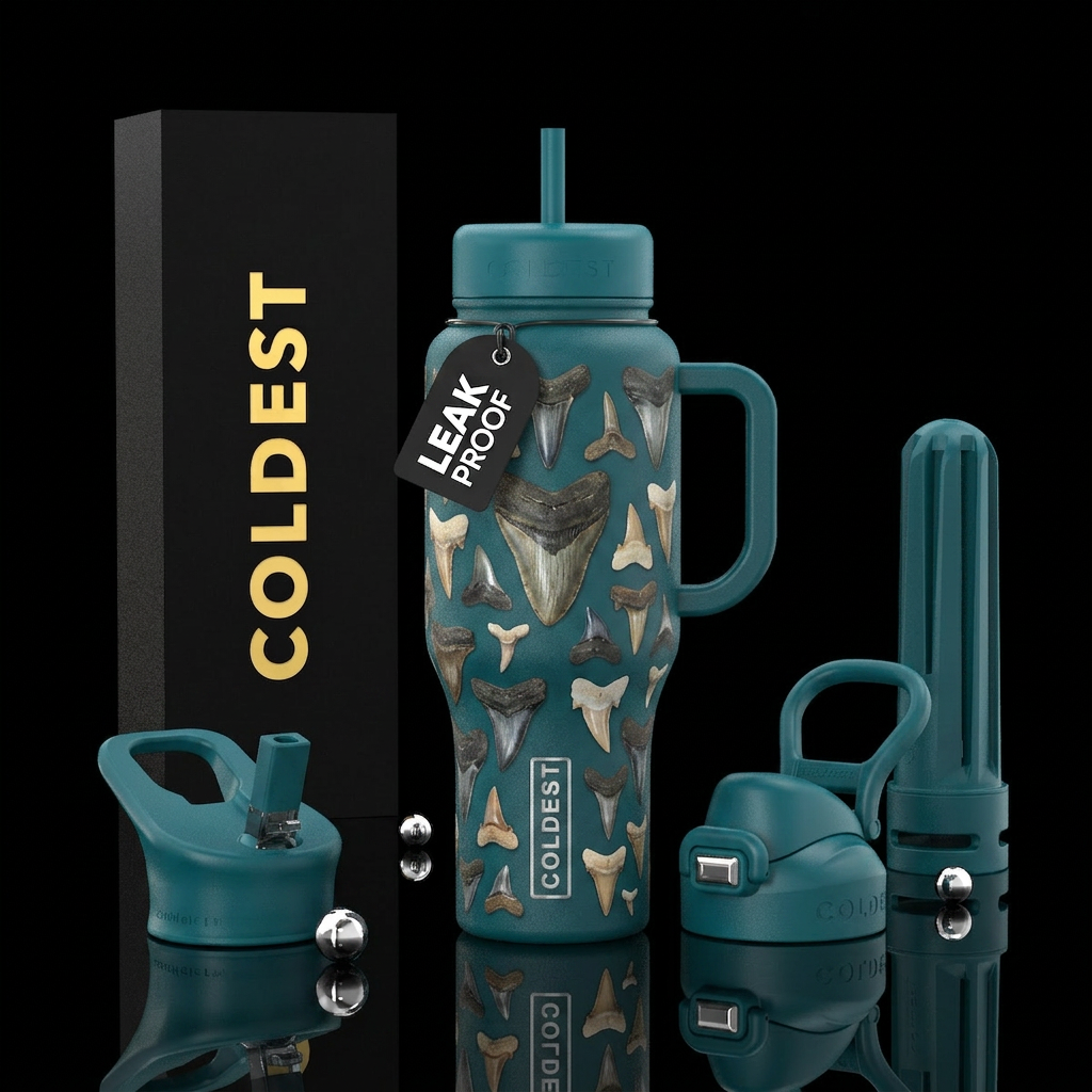 Various Sharks teeth on an dark aqua background water bottle design