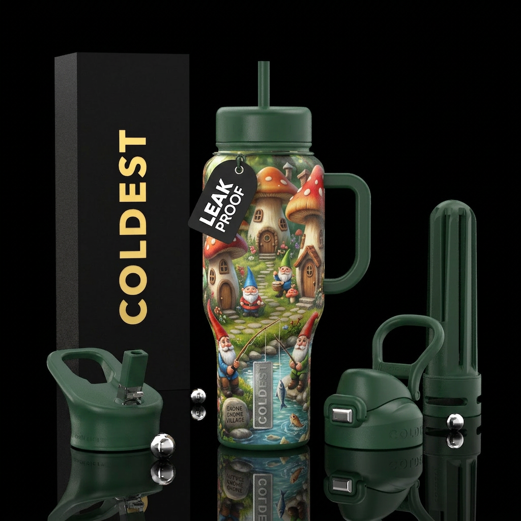 Gnomes in a gnome village of mushroom houses with ... water bottle design