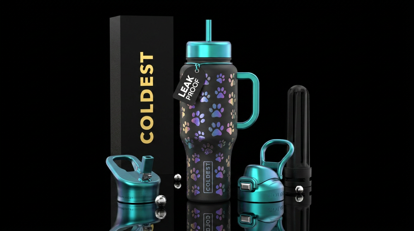 Iridescent paw prints water bottle design