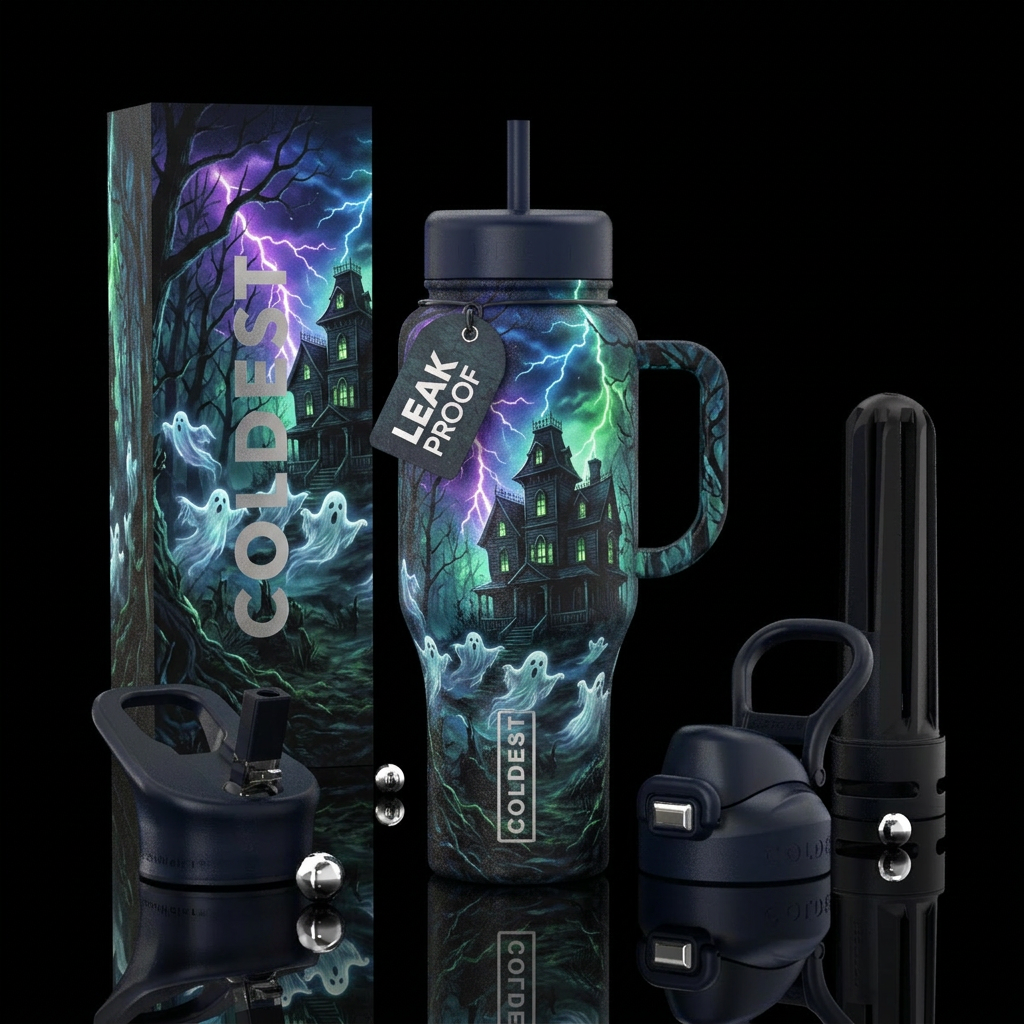 Ghosts, dark forest, lightning & Haunted House water bottle design
