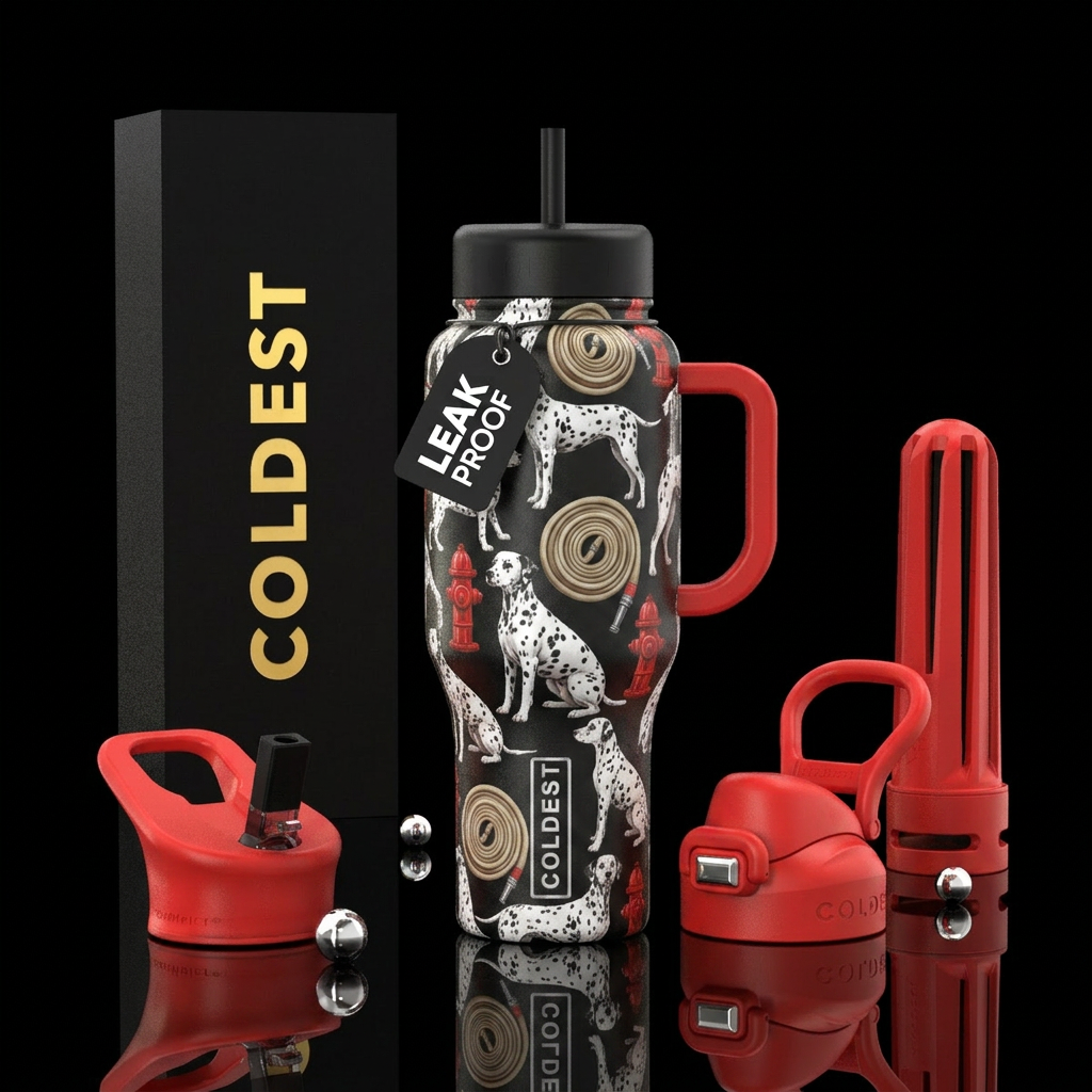 Dalmatians, fire hoses and fire hydrants water bottle design