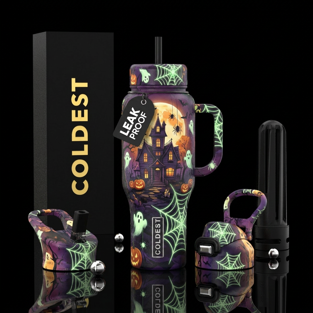 Spiders, ghosts, glow in the dark webs, haunted ho... water bottle design