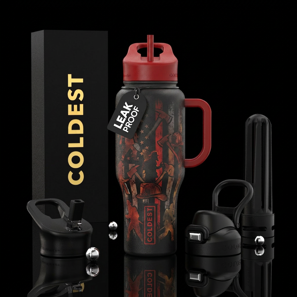 Thin red line with a fire fighter silhouette water bottle design