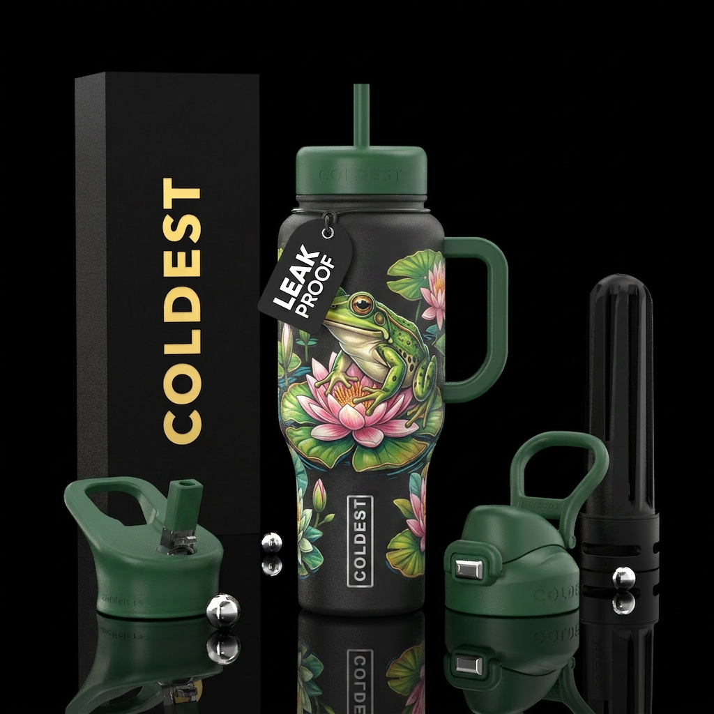Frog on a flowering lilly pad water bottle design