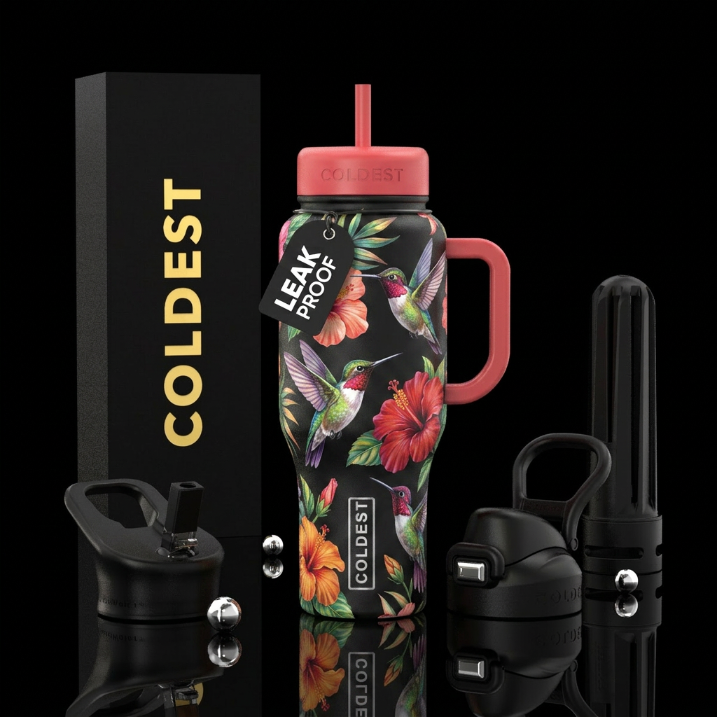 Humming birds & hibiscus water bottle design