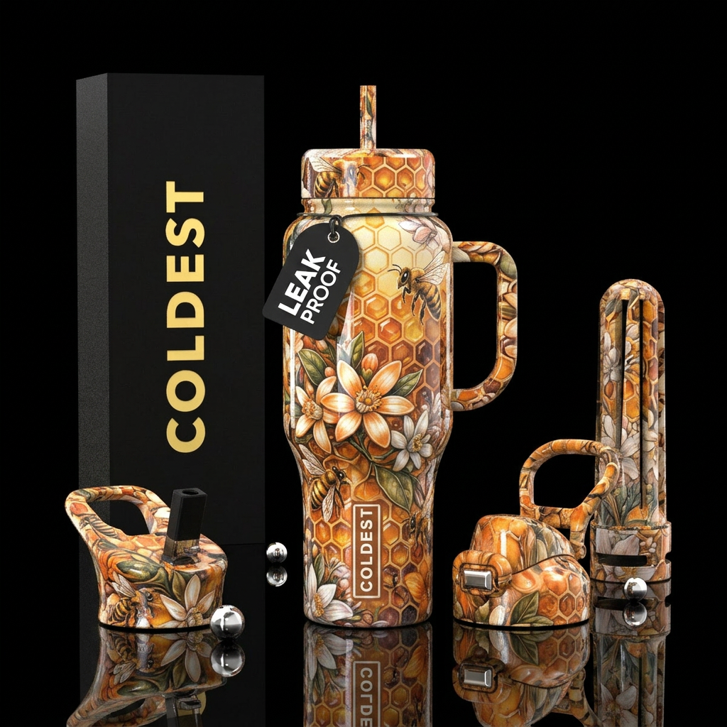 Honey bees, honey comb, orange blossoms water bottle design
