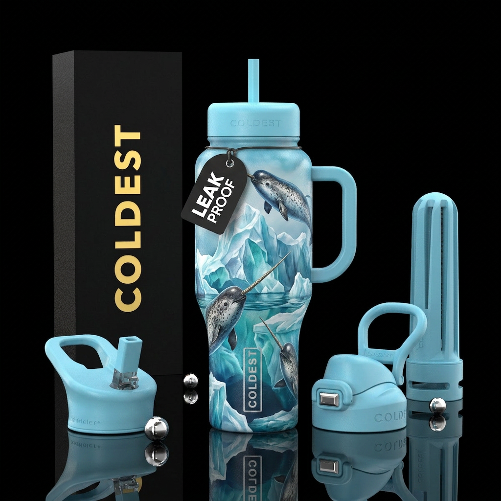 Narwhals and icebergs water bottle design