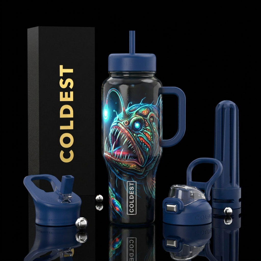 Angler fish with glowing lure water bottle design