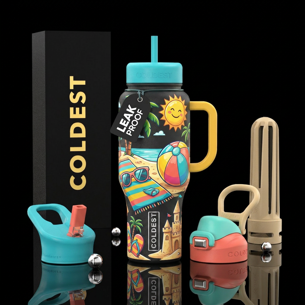 Beach towel, sunglasses, beach ball, sand castles ... water bottle design