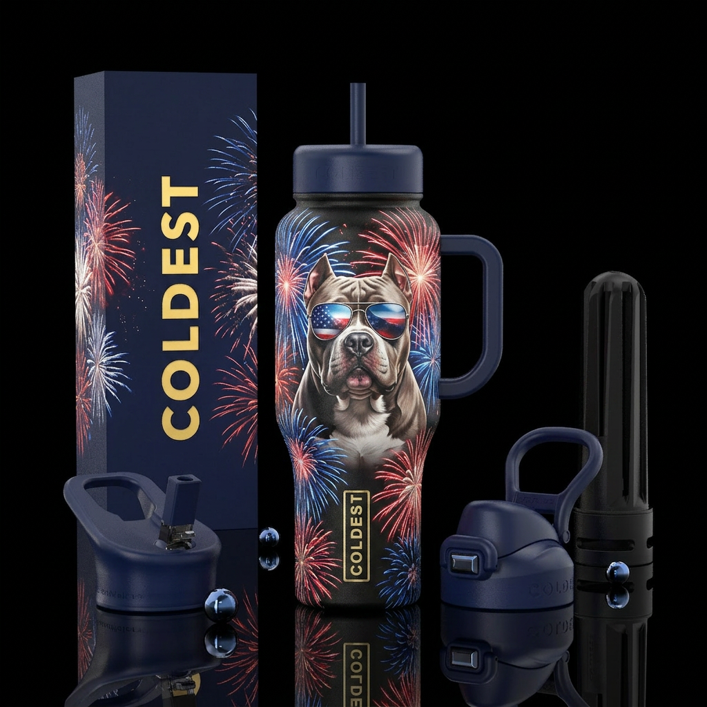 Red, white & blue fireworks with a bully breed dog... water bottle design