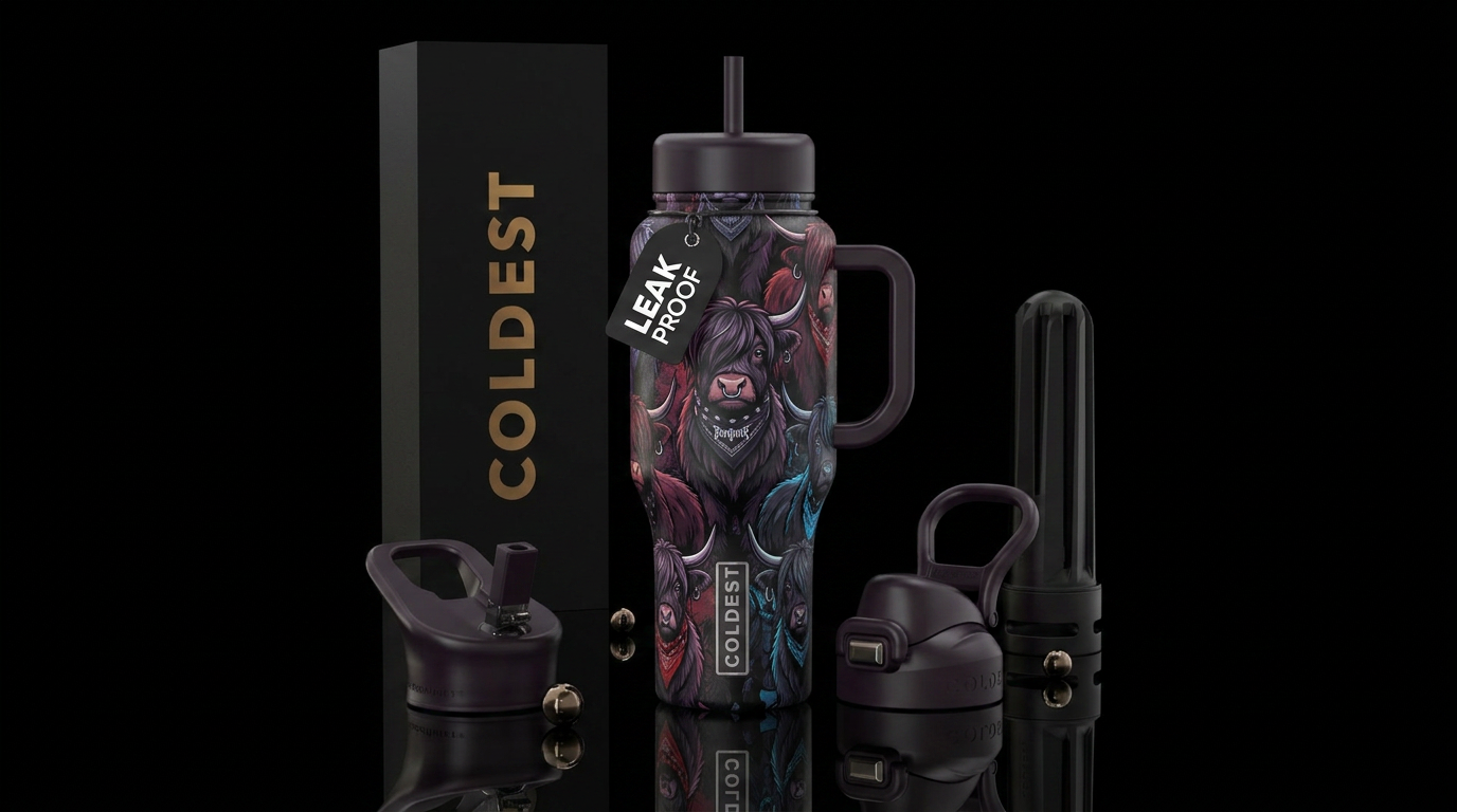 Emo highland cows water bottle design